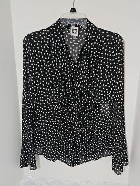 Anne Klein Black & White Polka Dot Ruffle Blouse